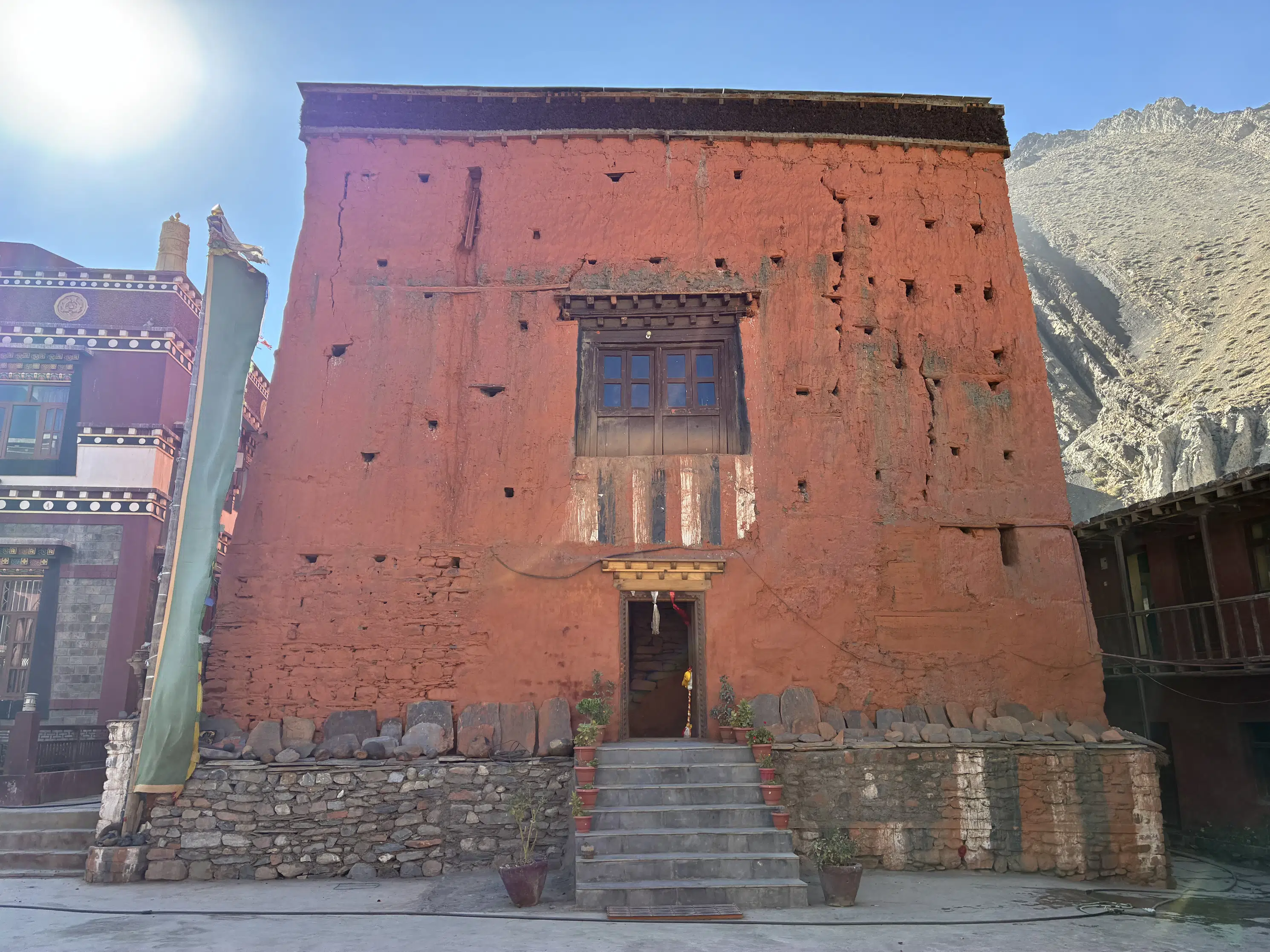 Ancient red monastery building in Upper Mustang